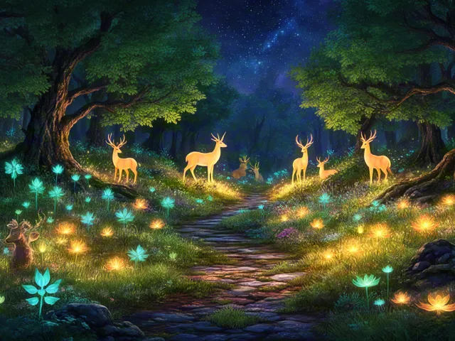 Magical night forest with glowing deer walking on illuminated path