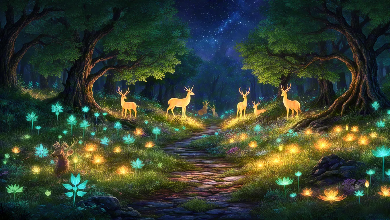 Magical night forest with glowing deer walking on illuminated path