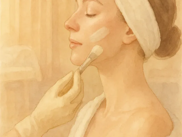 Soft watercolor portrait of a woman applying skincare in a warm spa setting.