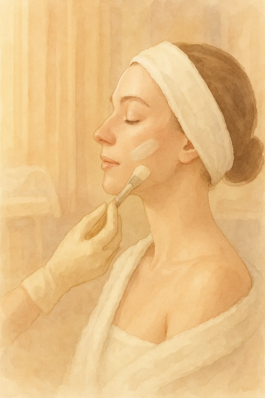 Soft watercolor portrait of a woman applying skincare in a warm spa setting.