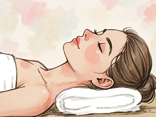 Woman lying in spa bed receiving a soothing skincare treatment.