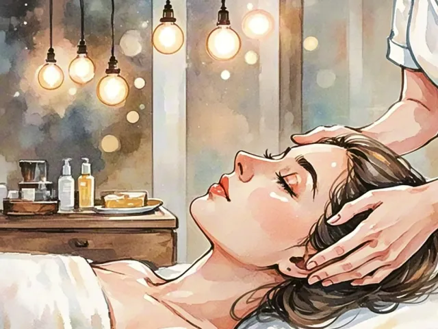 Woman receiving a gentle facial treatment in a cozy spa interior.