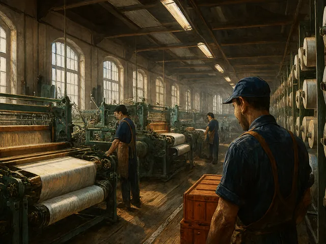 industrial factory interior with a worker observing machines