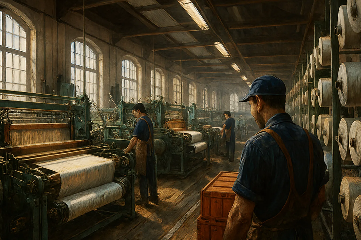 industrial factory interior with a worker observing machines