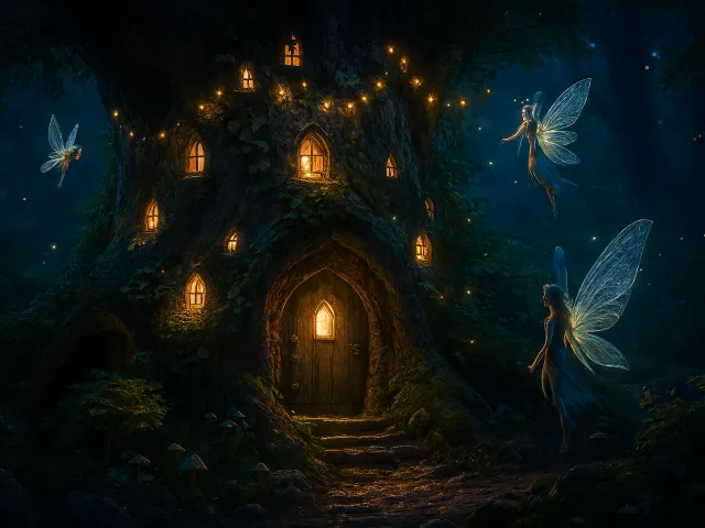 enchanted forest entrance with fairies and glowing lights