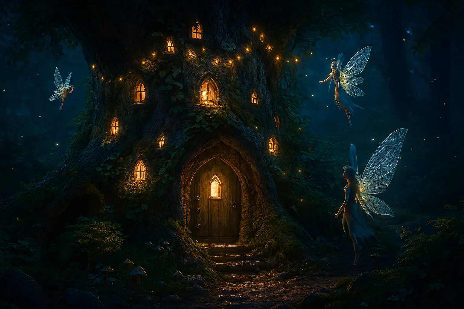 enchanted forest entrance with fairies and glowing lights