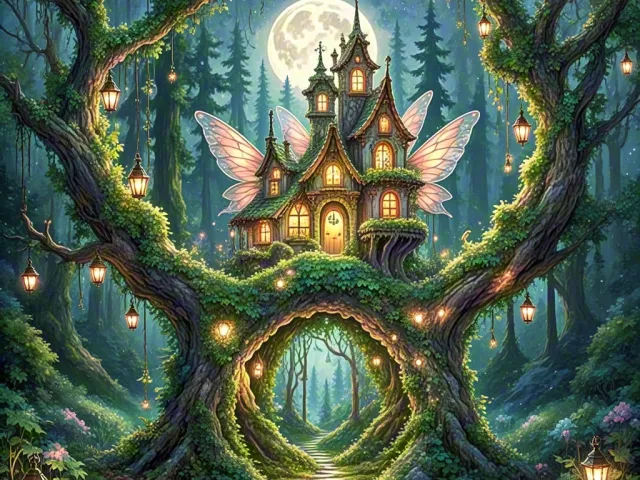 Enchanted tree with glowing fairy house