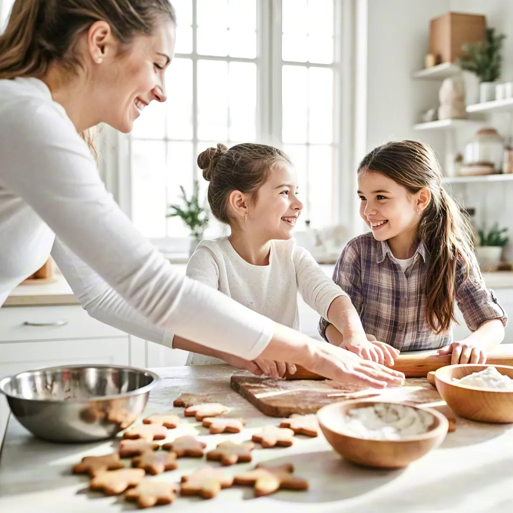 Family baking Christmas cookies in cozy kitchen
