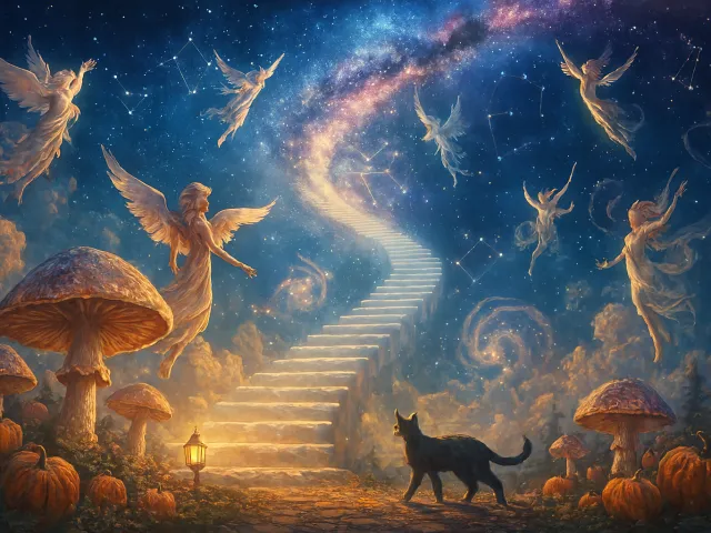 surreal fantasy scene with floating stairs and glowing mushroom forest
