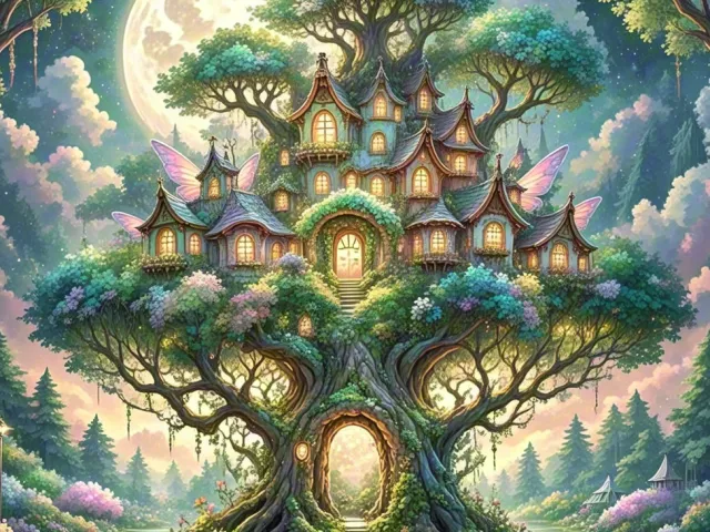 Magical tree house glowing under full moon in fantasy forest