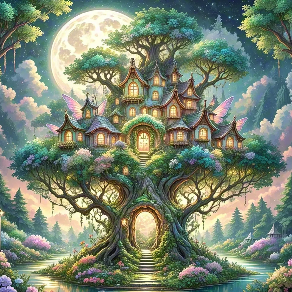 Fantasy tree house under full moon — enchanted illustration