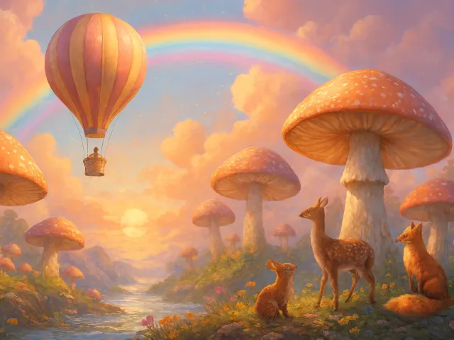 dreamy fantasy landscape with hot air balloons and giant mushrooms