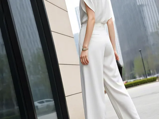 Tall woman in elegant white outfit posing by glass building