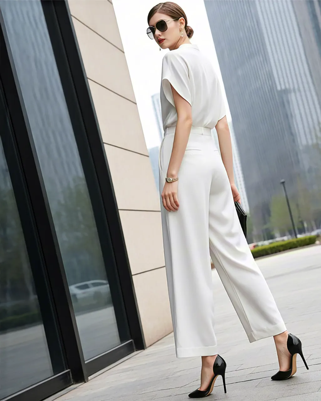 Tall woman in elegant white outfit posing by glass building