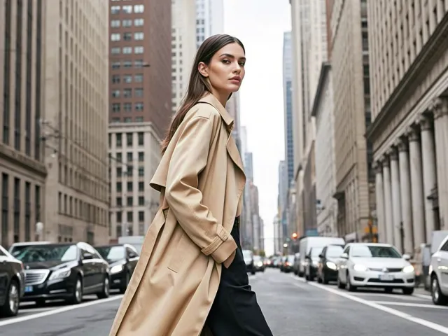 Stylish woman in a beige coat walking confidently through a city street with tall buildings