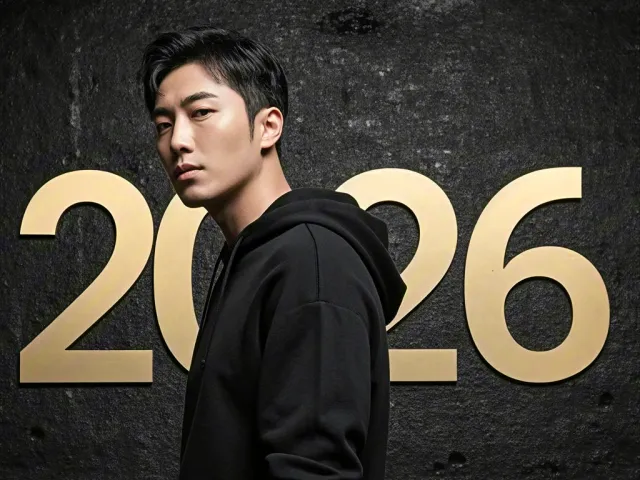 Young man in black outfit posing in front of large 2026 typography