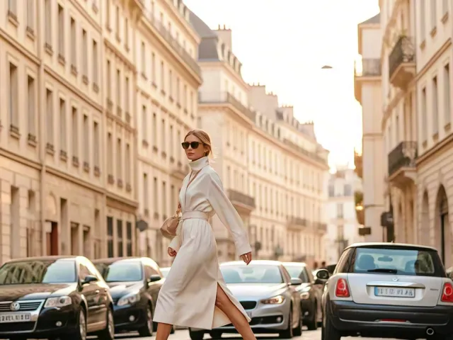 Elegant woman walking on Paris sidewalk