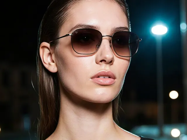 Stylish woman wearing sunglasses in night city lights