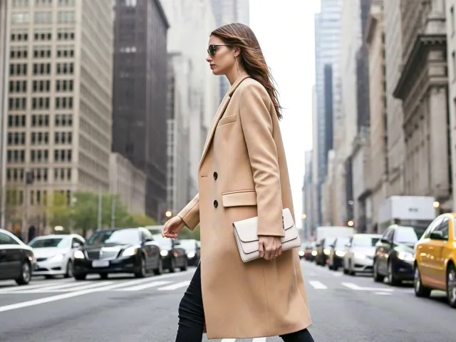 Fashionable woman crossing street with taxis in background