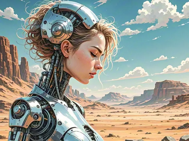 Futuristic woman with metallic implants standing in desert canyon