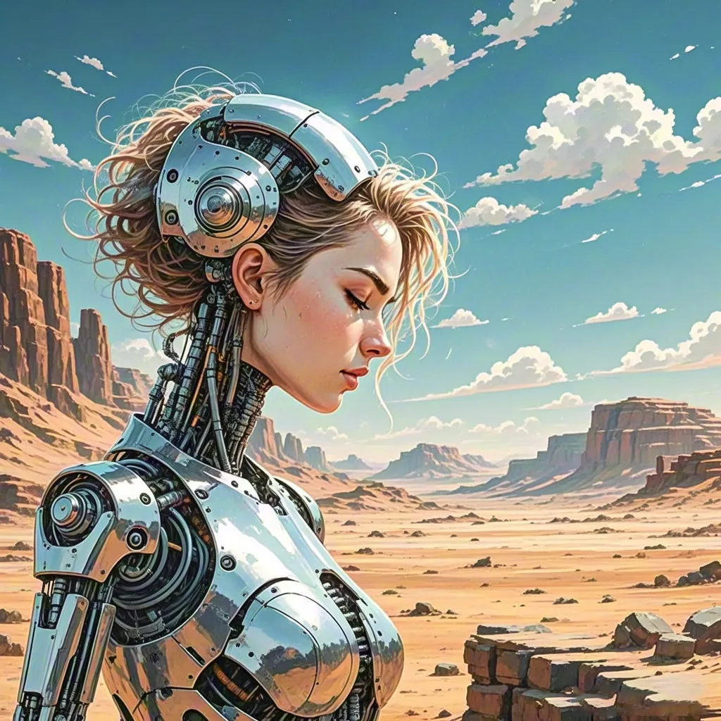 Female android in desert landscape — sci-fi illustration