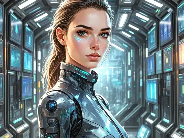 Close-up portrait of female android in high-tech metallic corridor
