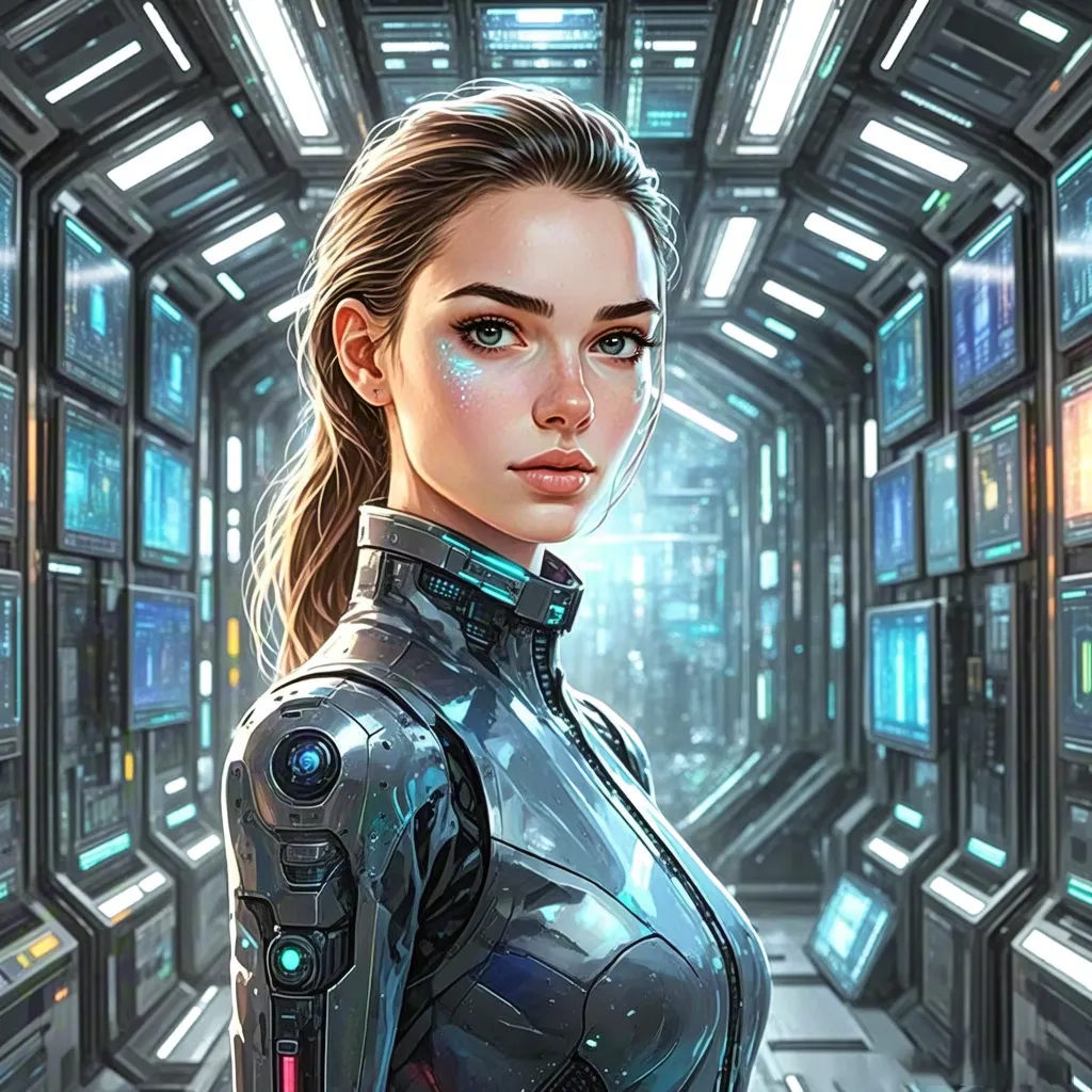 Female android portrait in futuristic corridor — sci-fi art