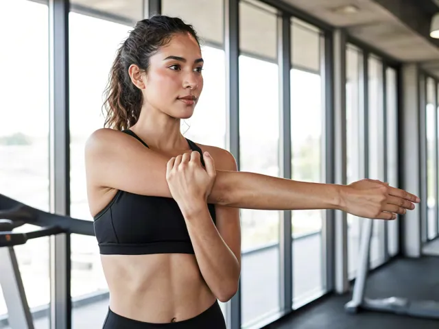 Fit woman stretching arm in bright modern gym with large windows