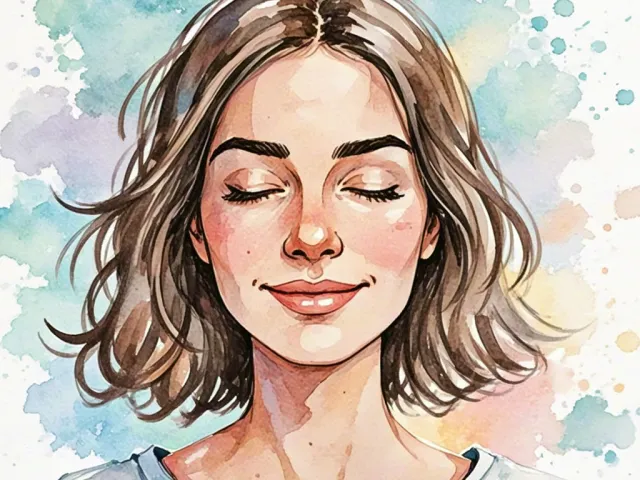Calm woman with closed eyes in watercolor style, soft blue and green tones.