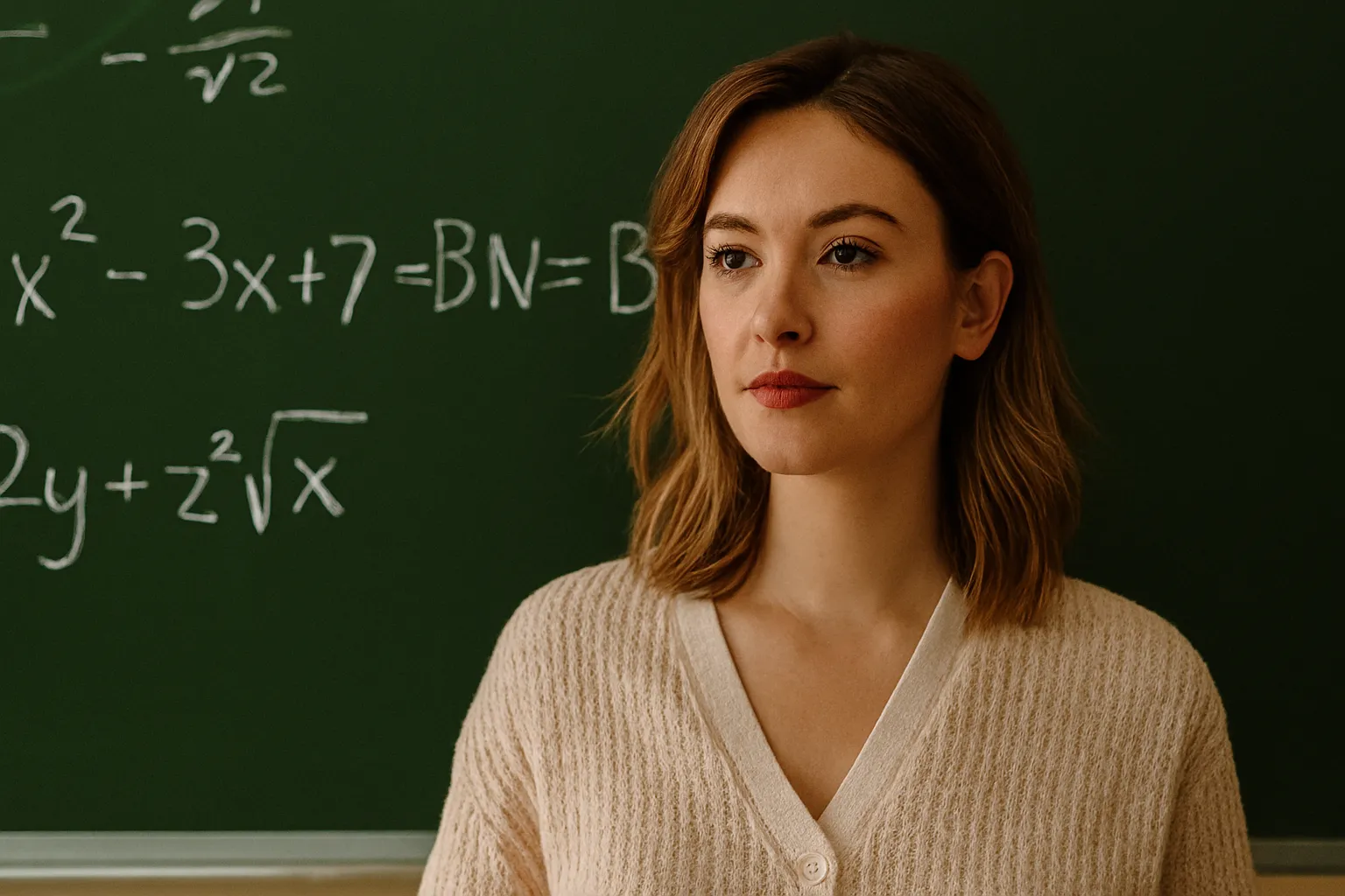 Woman standing in classroom near chalkboard
