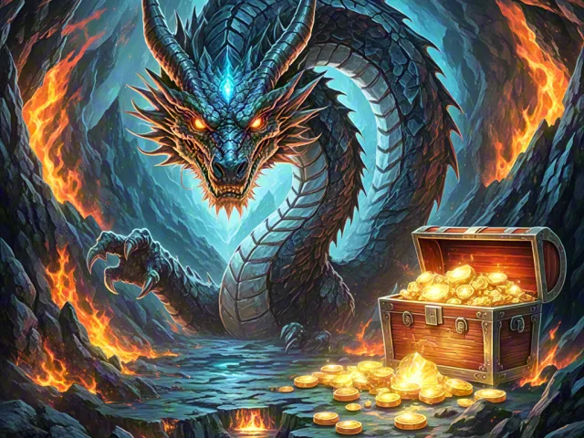 Blue fire dragon protecting golden treasure in dark cave