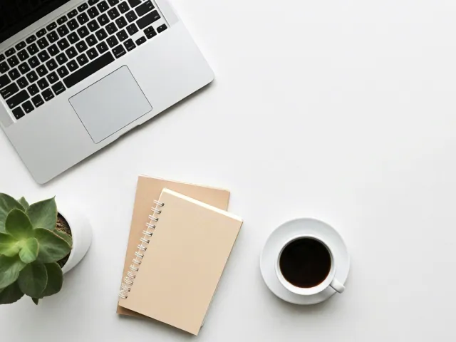 Workspace with modern laptop, coffee, and small plant on clean white surface.