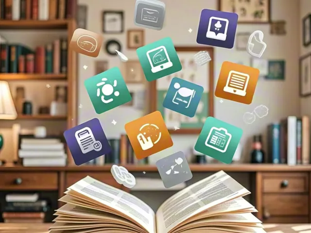 colorful digital icons emerging from an open book