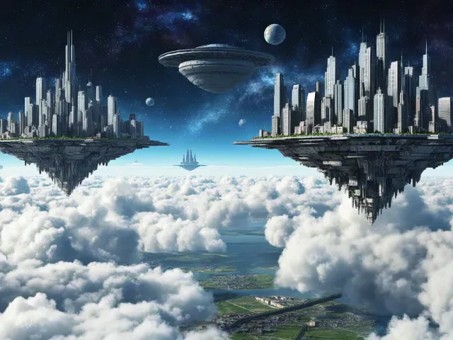 Futuristic city floating on clouds