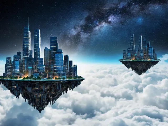 Sci-fi flying island over clouds
