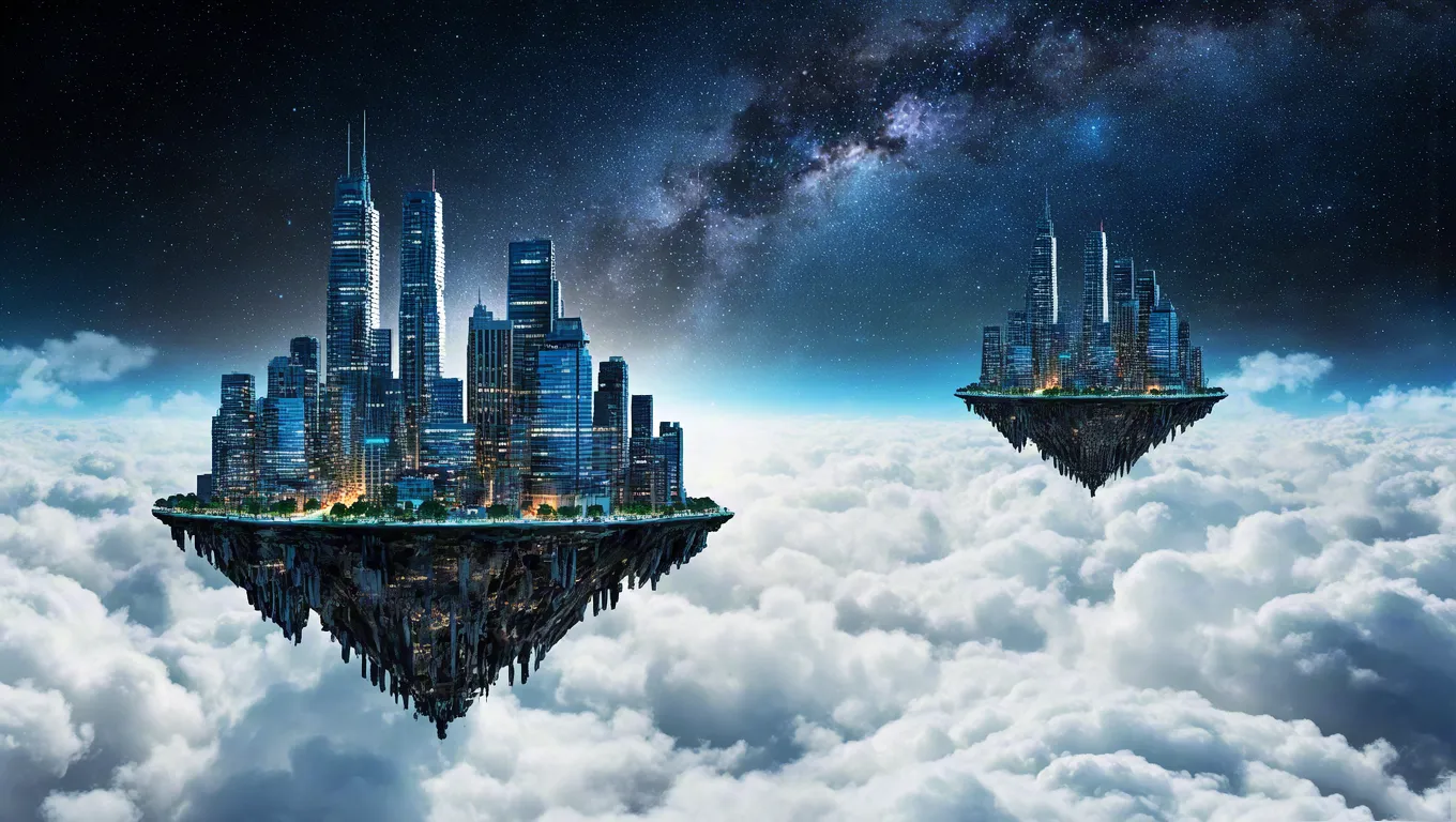Sci-fi flying island over clouds