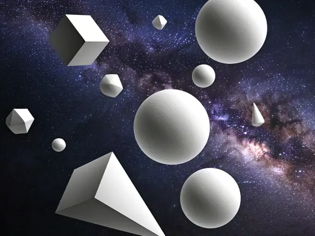 abstract white geometric shapes floating in galaxy background