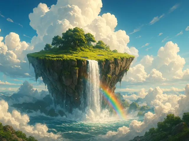 magical floating island with waterfall and rainbow