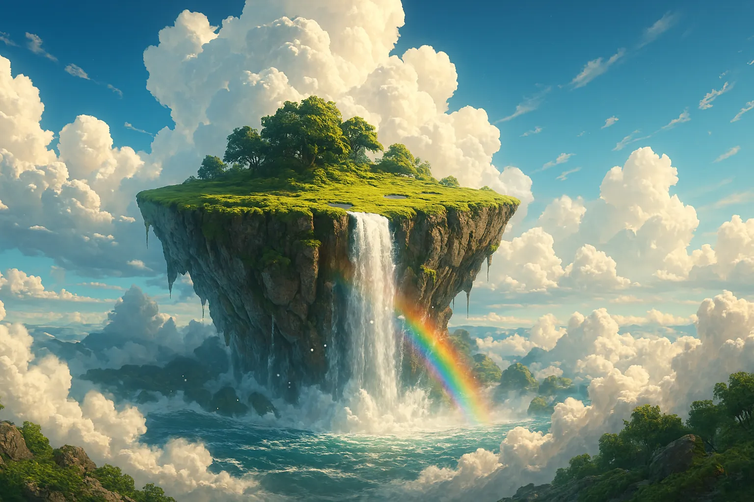 magical floating island with waterfall and rainbow