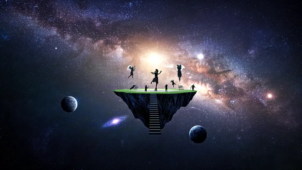Floating island with children and UFO
