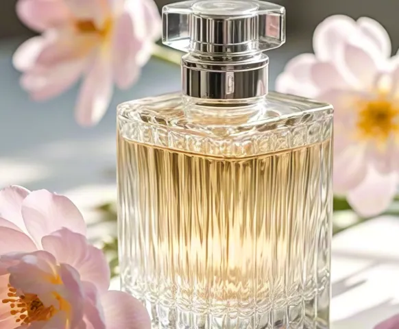 Elegant glass perfume bottle surrounded by delicate pink flowers.