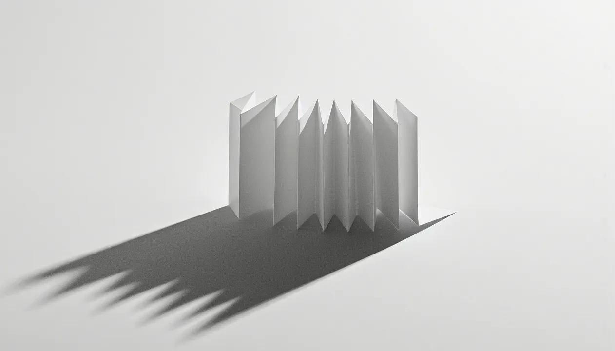 Abstract composition of folded white paper casting long shadows on a light background, representing minimalism and geometric design