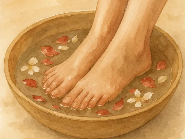 Watercolor illustration of relaxed feet in a warm foot spa bowl with rose petals.