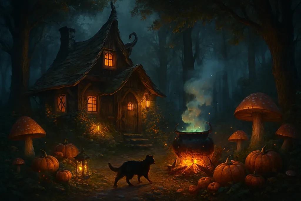 Forest cottage at night