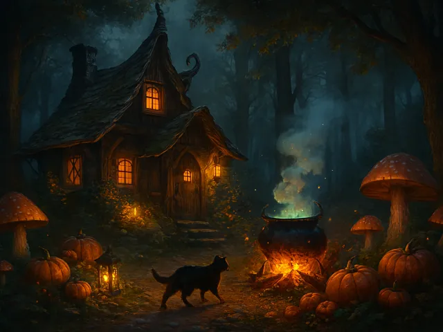 cozy forest cottage glowing at night with mushrooms and a black cat