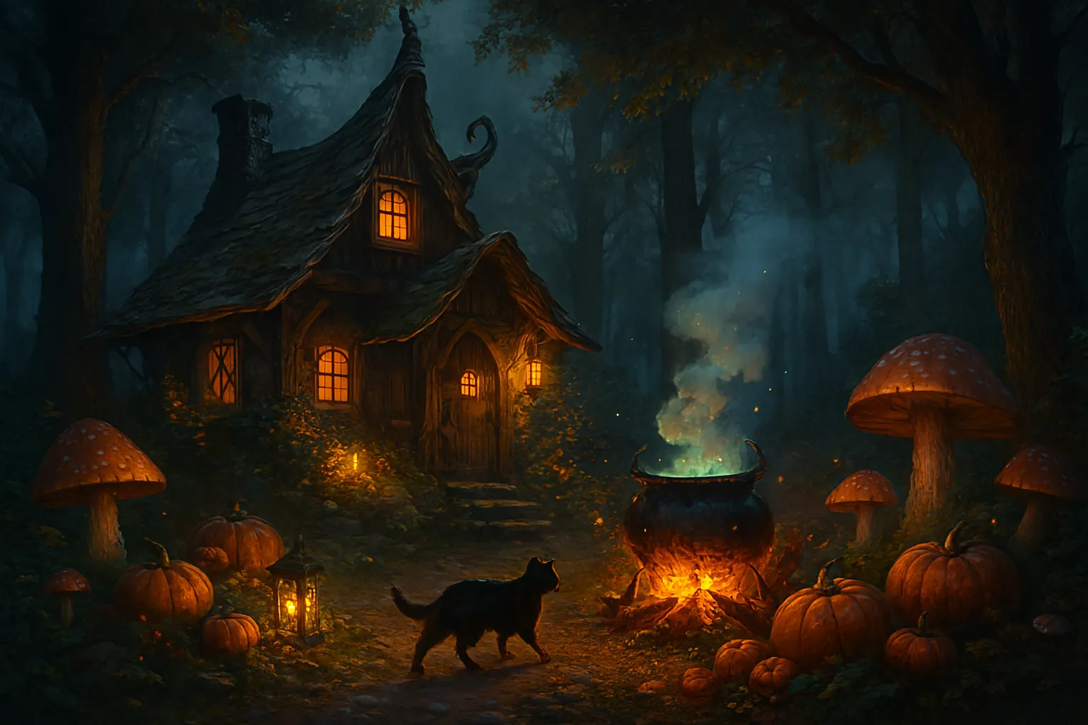 cozy forest cottage glowing at night with mushrooms and a black cat