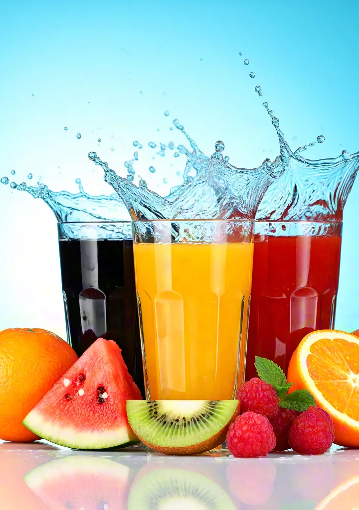 Fresh fruit juices splashing with citrus and berries