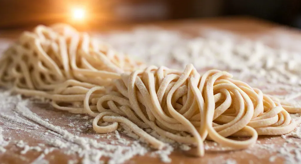 Fresh handmade pasta on floured wooden surface – rustic food photography