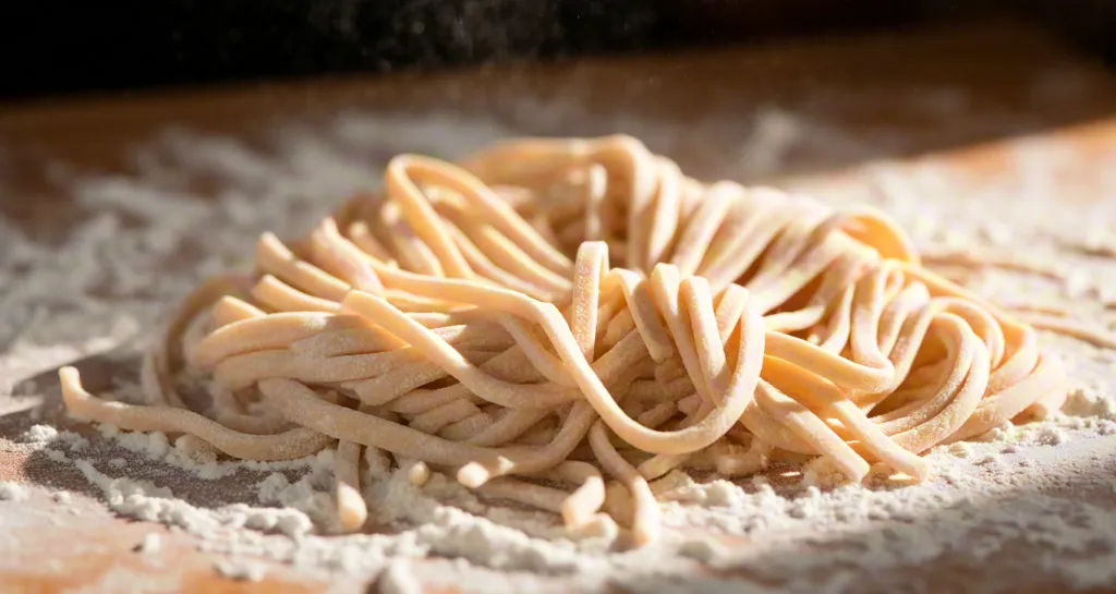 Fresh homemade pasta on wooden surface with flour
