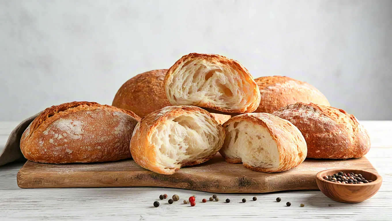 Rustic bread loaves on wooden surface